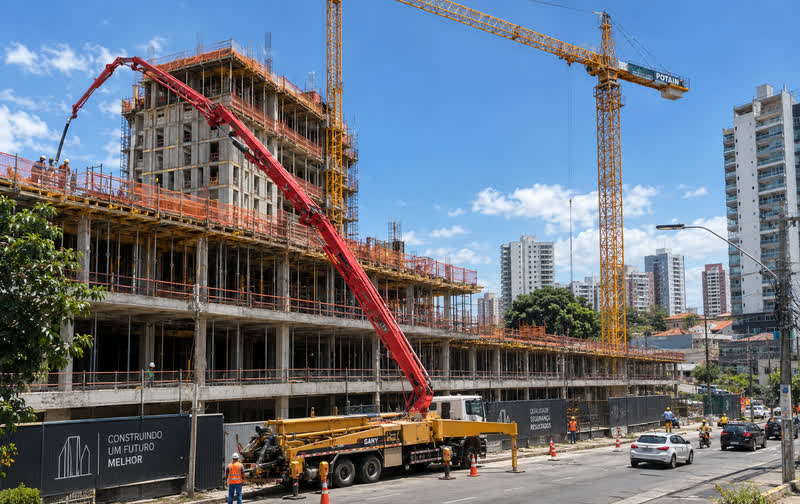 Bomba lança lançando concreto em prédio em construção